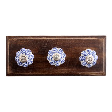 Blue Agapanthus Floral Ceramic Wooden Hooks
